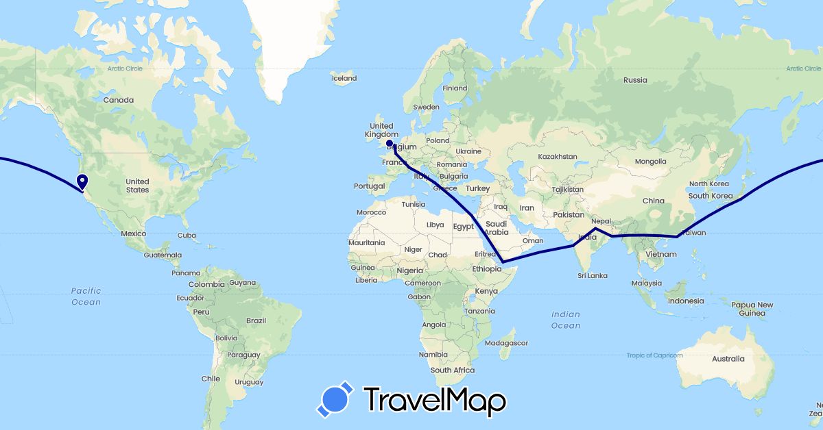 TravelMap itinerary: driving in China, Egypt, France, United Kingdom, India, Italy, Japan, United States, Yemen (Africa, Asia, Europe, North America)